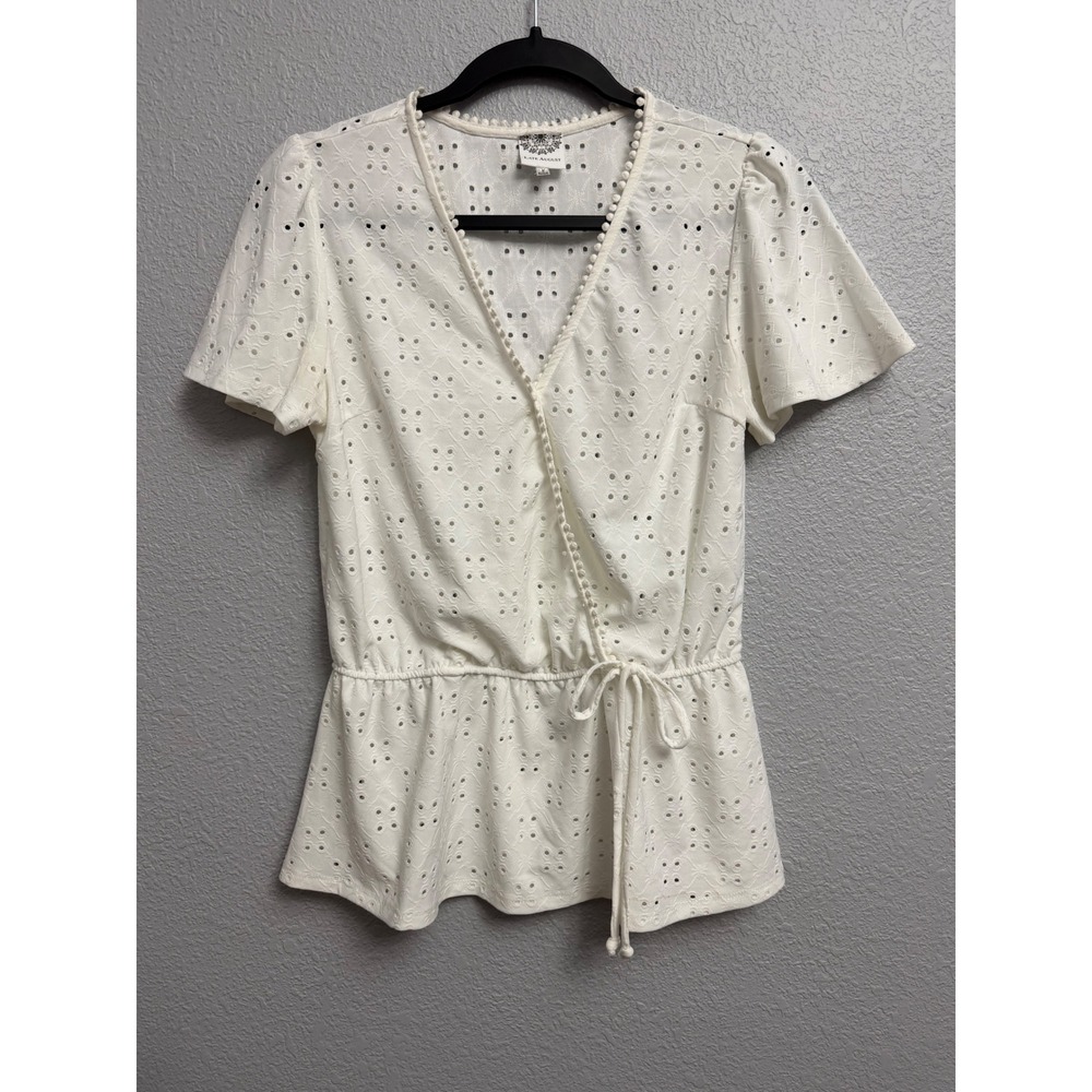 Late August White Eyelet Peplum Top Pom Pom Trim Small Coquette Angelcore Boho